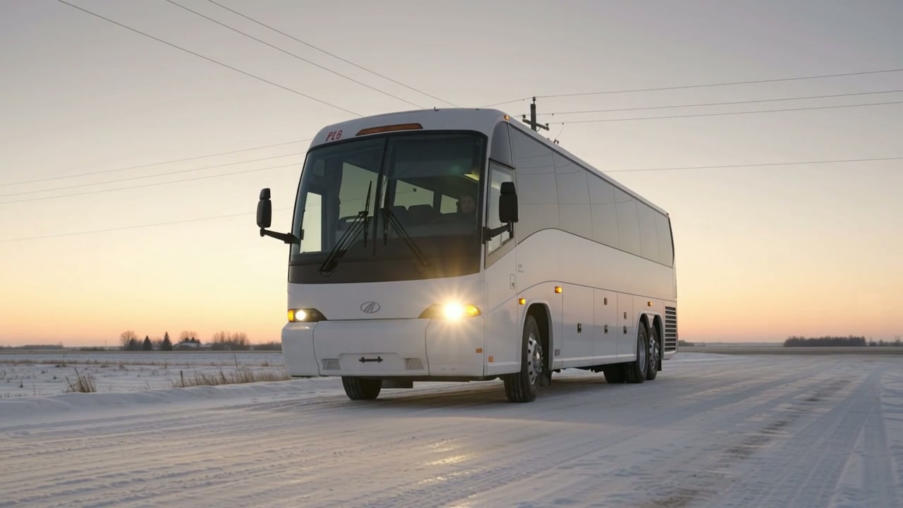 Broston Charters coach with headlights on at sunrise
