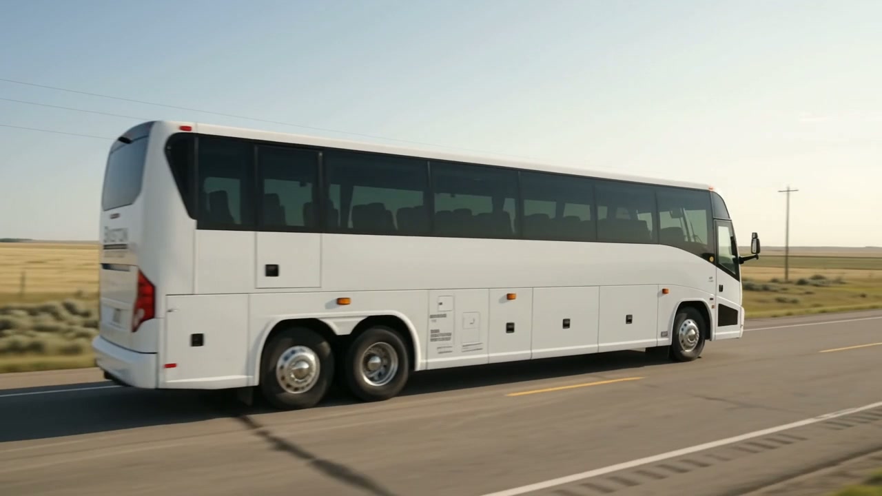 Broston Charters coach travelling past Saskatchewan fields